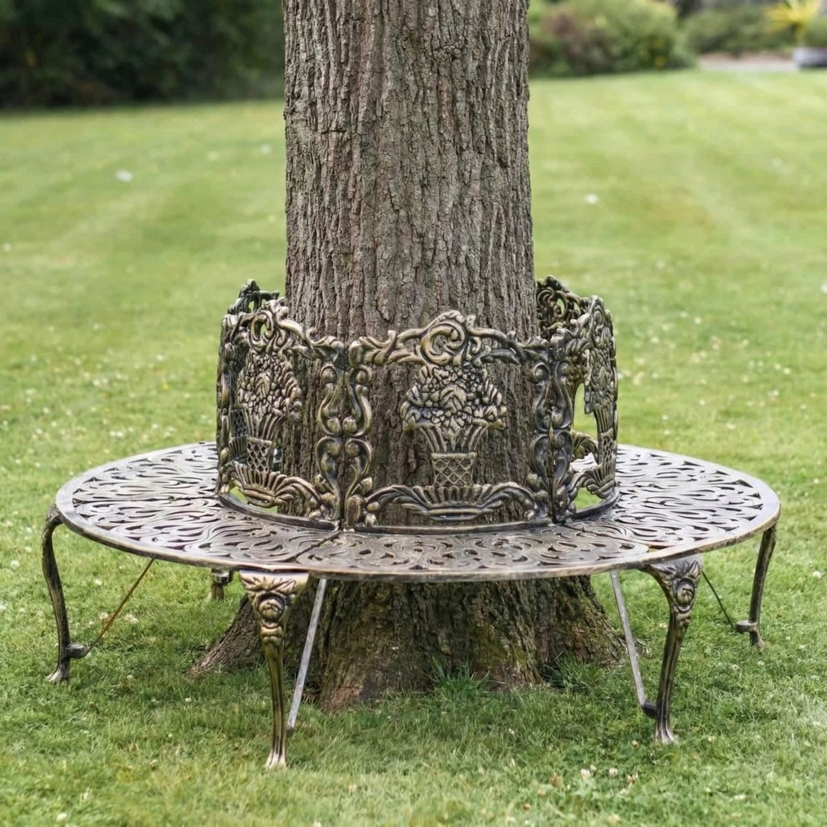 Digital illustration of Solid Antique Gold "Royale" Aluminium Full Tree Guard & Bench with tree trunk in centre