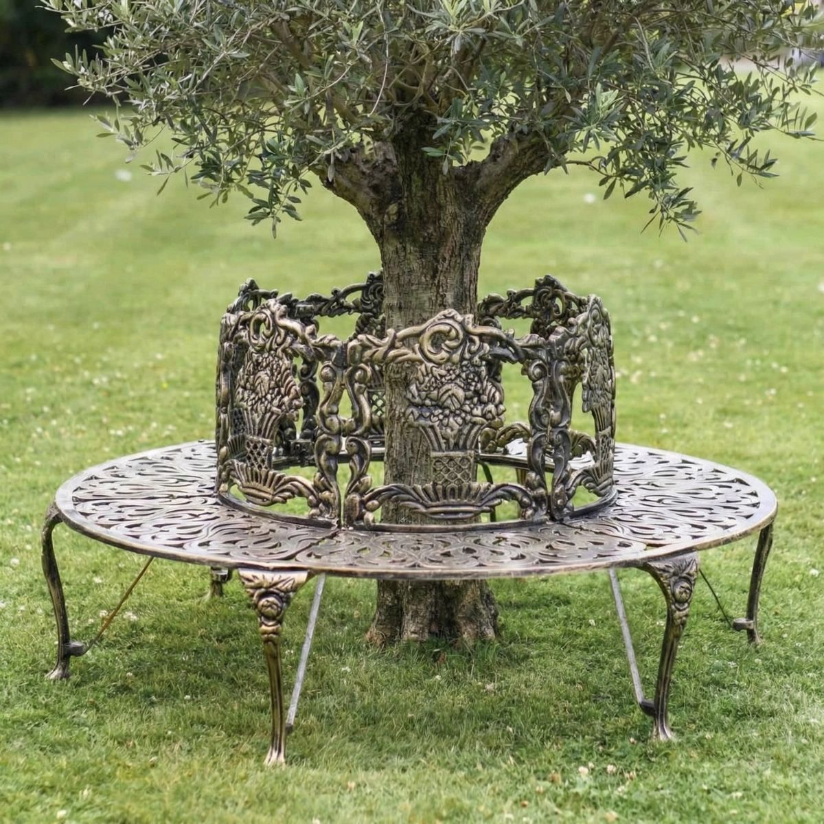 Digital illustration of Solid Antique Gold "Royale" Aluminium Full Tree Guard & Bench with small tree in centre