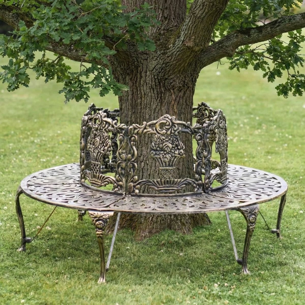 Digital illustration of Solid Antique Gold "Royale" Aluminium Full Tree Guard & Bench with oak tree in centre