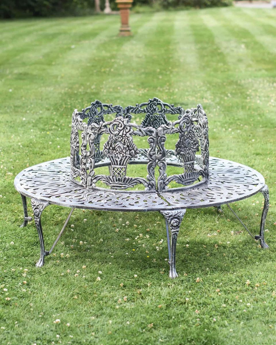 Solid Antique Silver "Royale" Aluminium Full Tree Guard & Bench in Situ