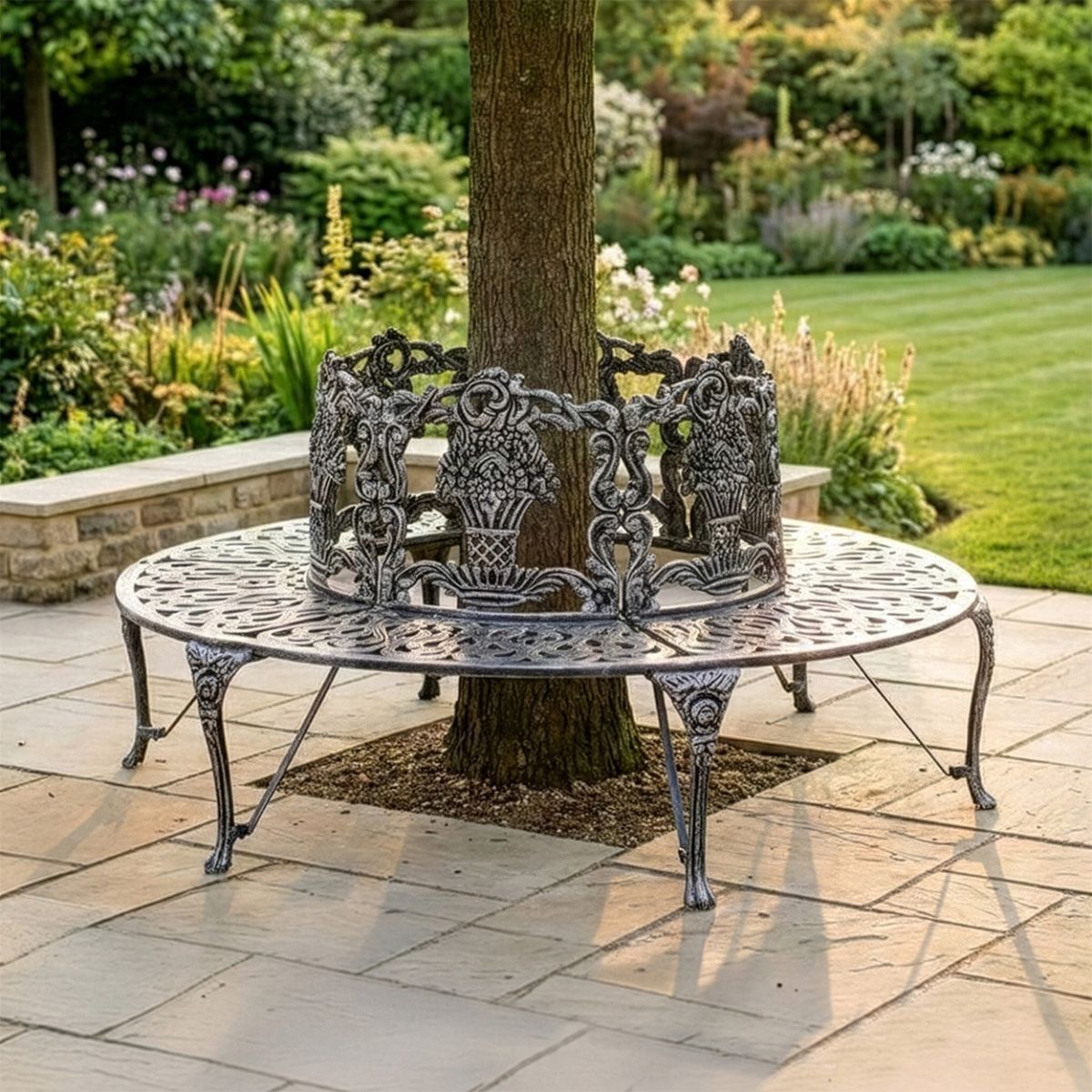 Solid Antique Silver "Royale" Aluminium Full Tree Guard & Bench digital illustration