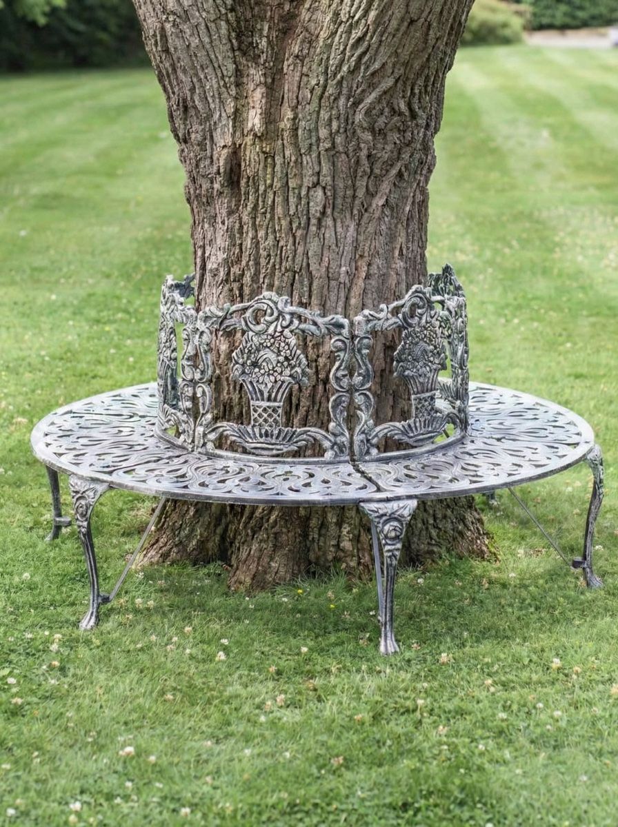 Digital illustration of Solid Antique Silver "Royale" Aluminium Full Tree Guard & Bench with large tree in centre