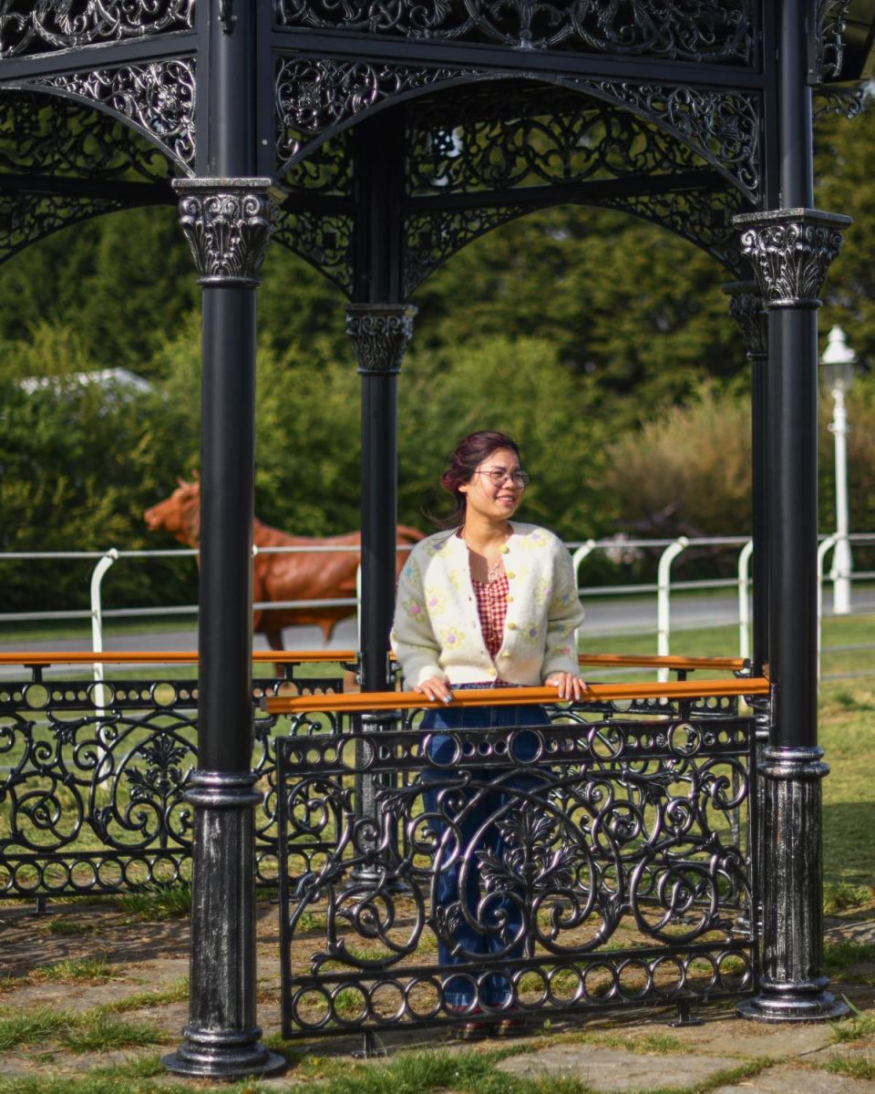 Close-Up Scale Shot of Solid Steel, Iron & Wood Ornate Garden Gazebo with Roof