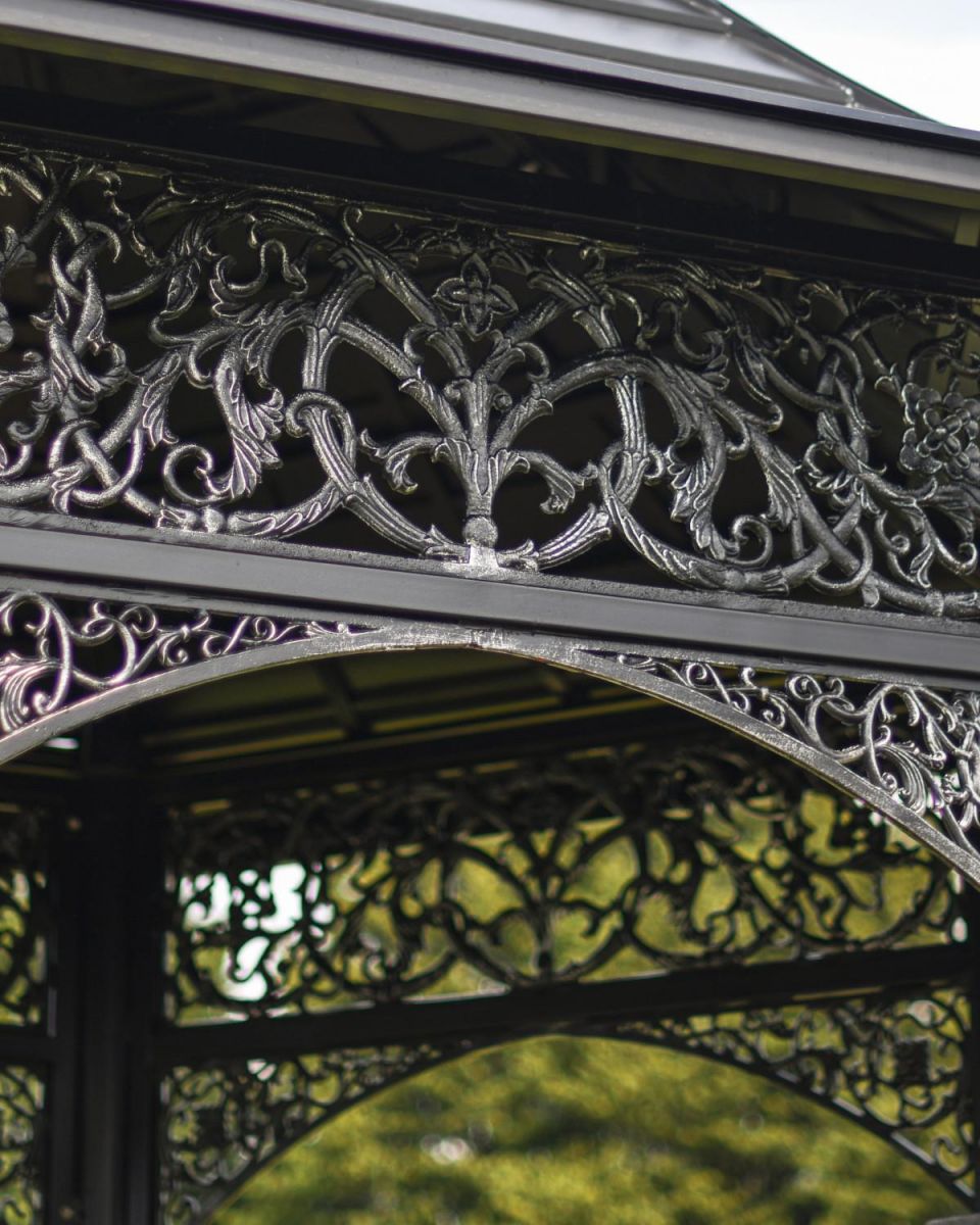 Close-Up of Ornate Framework onSolid Steel, Iron & Wood Ornate Garden Gazebo with Roof
