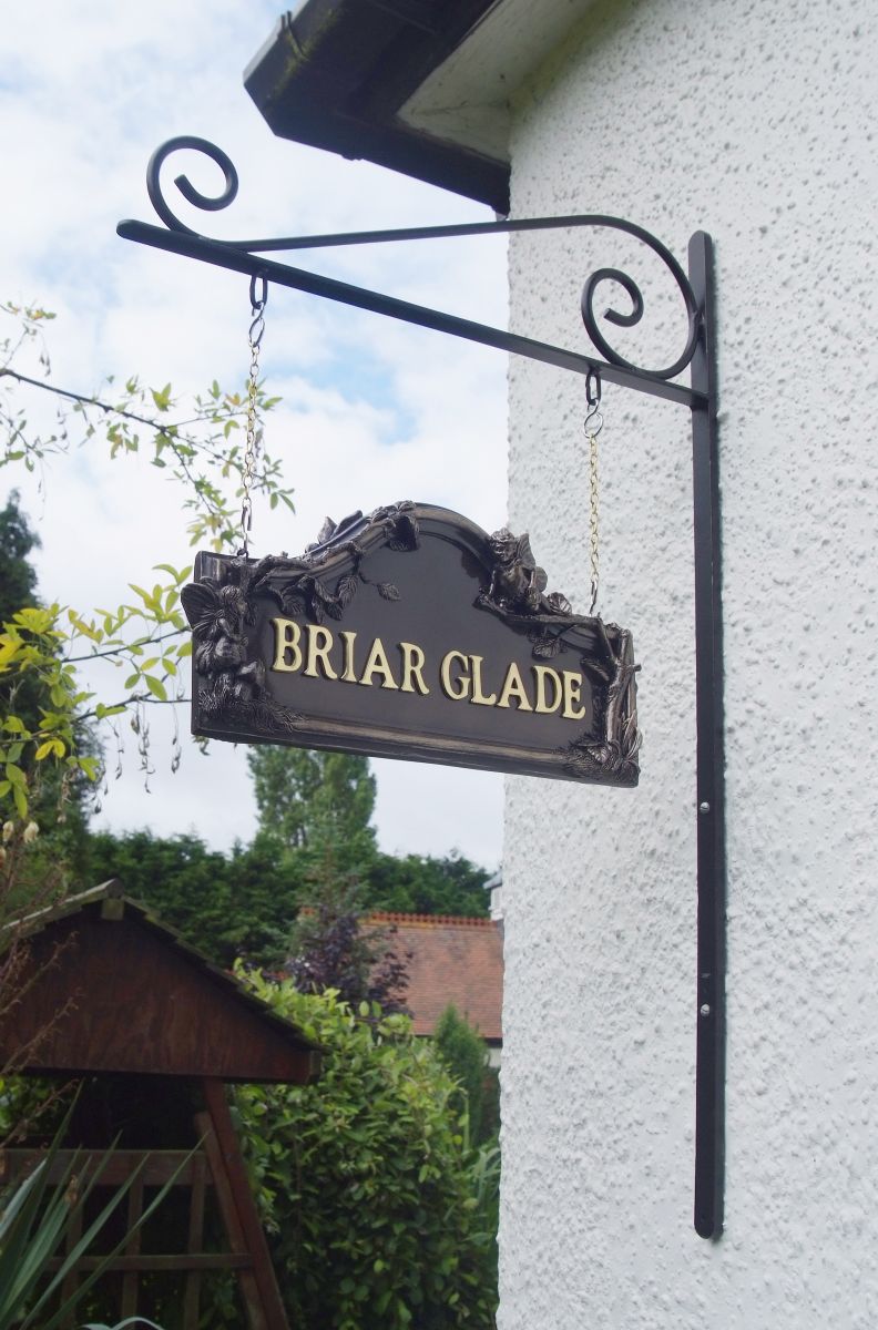 Double sided Bronze Flower Fairy House name sign on hanging bracket Double sided Bronze Flower Fairy House name sign on hanging bracket