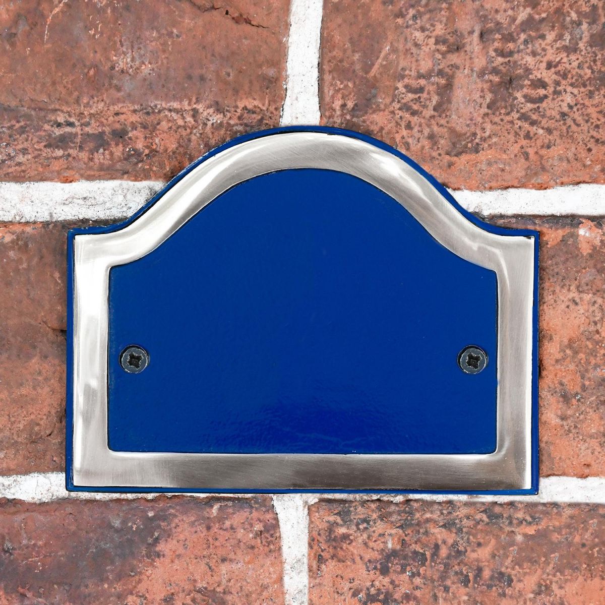 Arched Number Sign Finished in a Blue & Chrome with Gold Vinyl Numbers