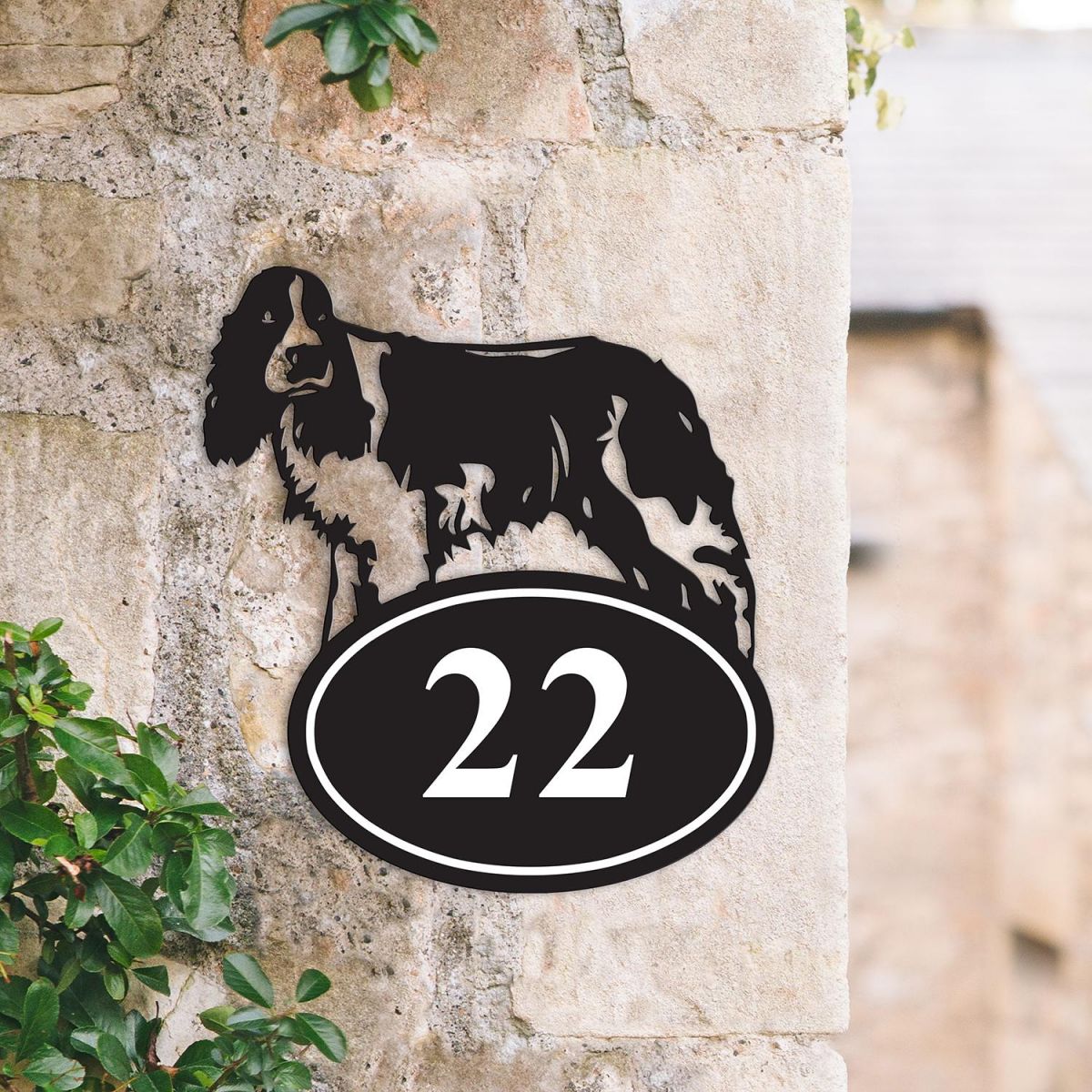 Bespoke Springer Spaniel Iron House Number Sign in Situ Bespoke Springer Spaniel Iron House Number Sign in Situ