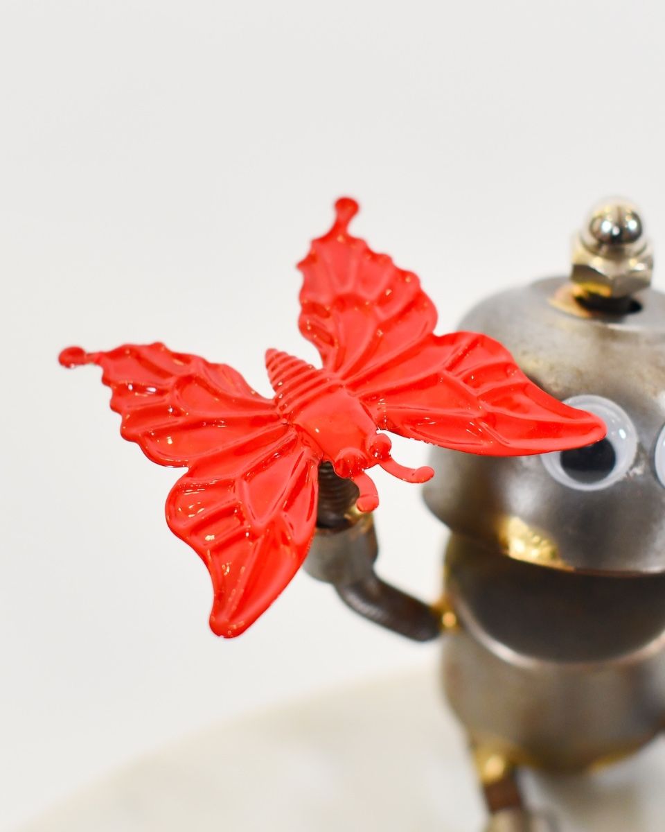 "Sprocket" the Upcycled Metal Home Ornament close up of red butterfly