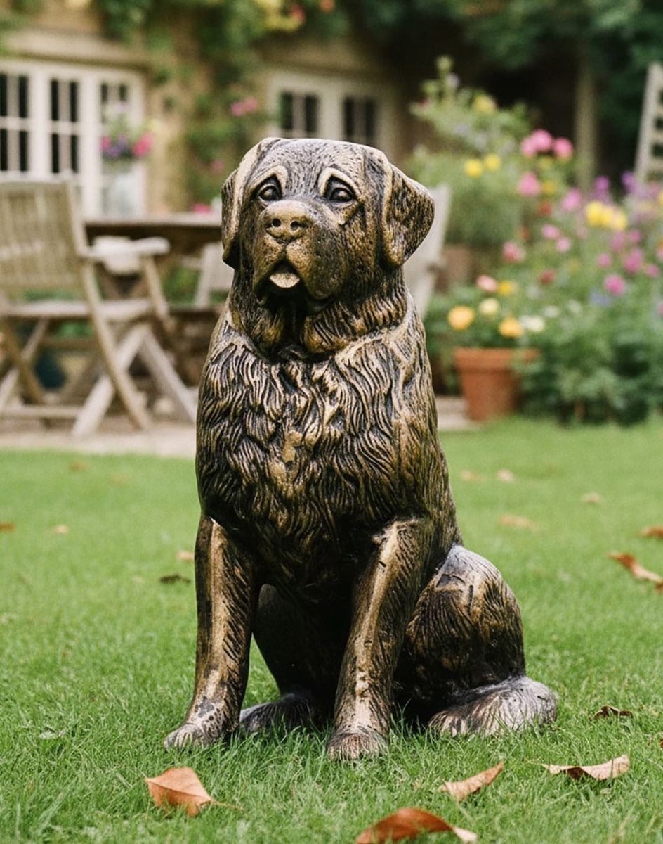 St Bernard Puppy Antique Gold Sculpture in Front of a Countryside Cottage Digital Illustration