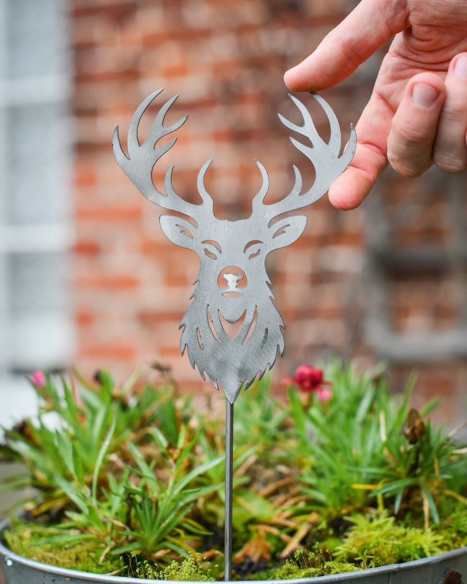 Stag Head Artistic Plant Pot Spike - Set of Two with hand in shot for scale