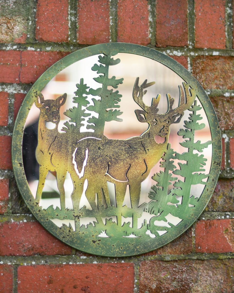 Stag in pine forrest mirrored garden wall art