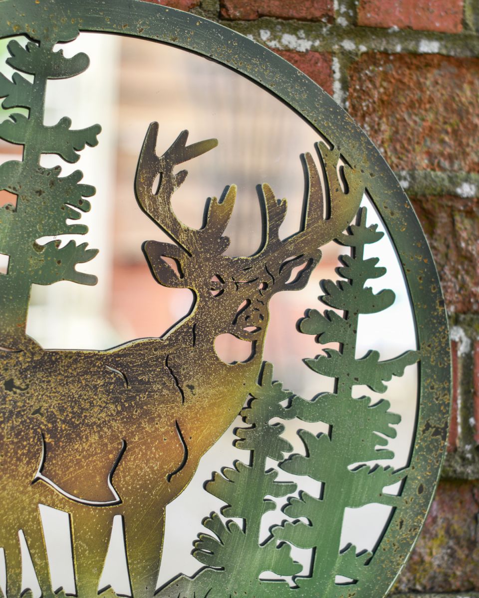 Stag in pine forrest mirrored garden wall art right