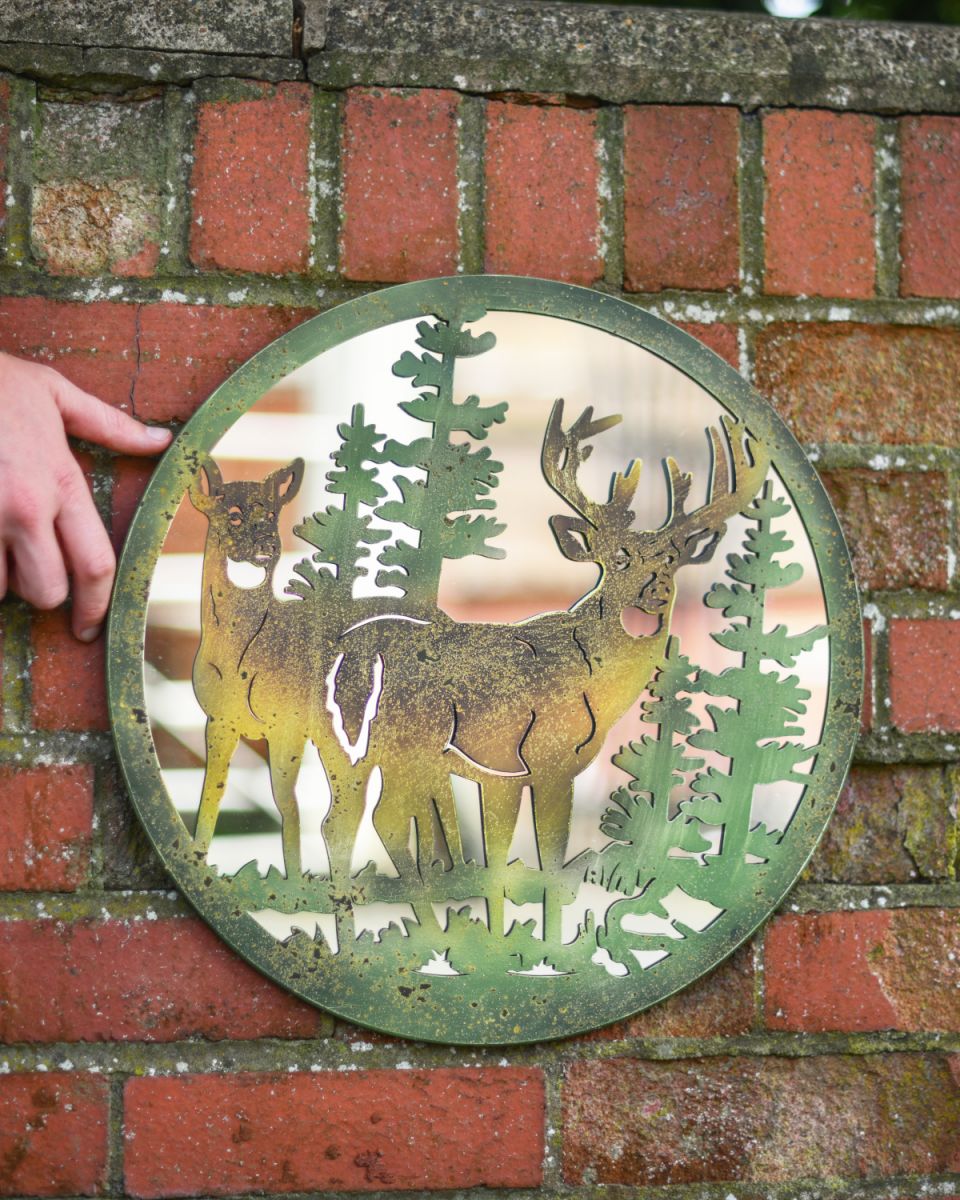 Stag in Pine Forrest Mirrored Garden Wall art scale