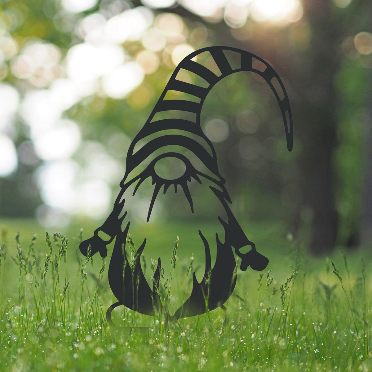 Gonk Gnome With Stripy Hat Silhouette in Situ in the Garden