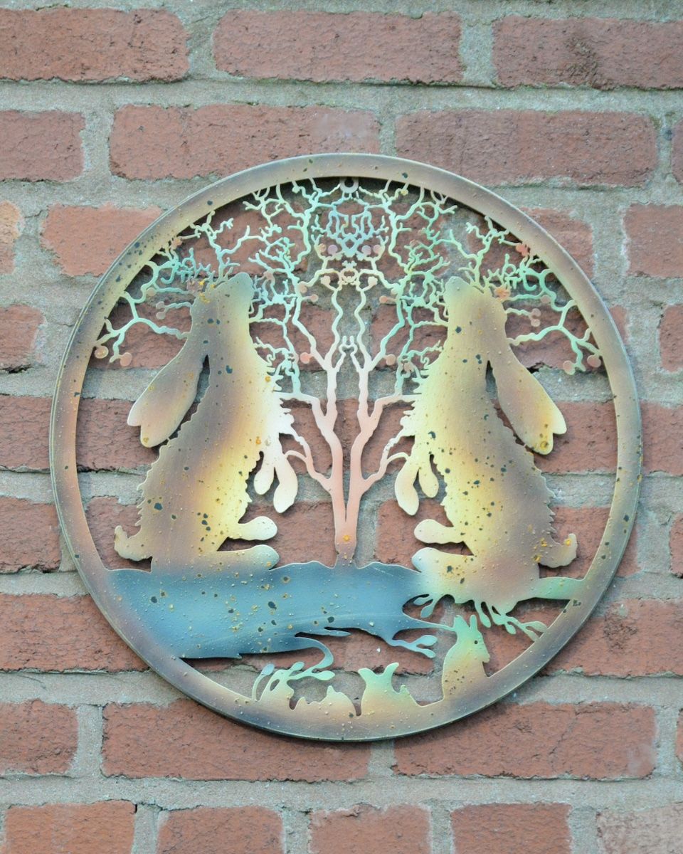 Stargazing Rabbits Silhouette Garden Wall Art on brick wall main image