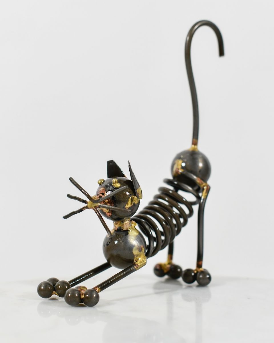 Recycled Metal Stretching Cat Sculpture Recycled Metal Stretching Cat Sculpture