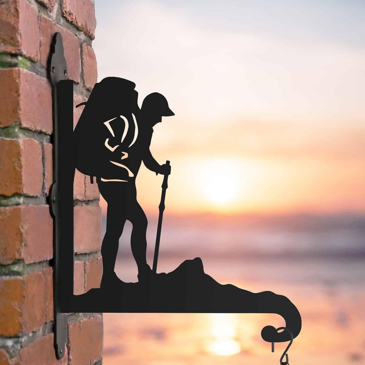 Steel Hanging Basket Bracket with Backpacker Motif Steel Hanging Basket Bracket with Backpacker Motif