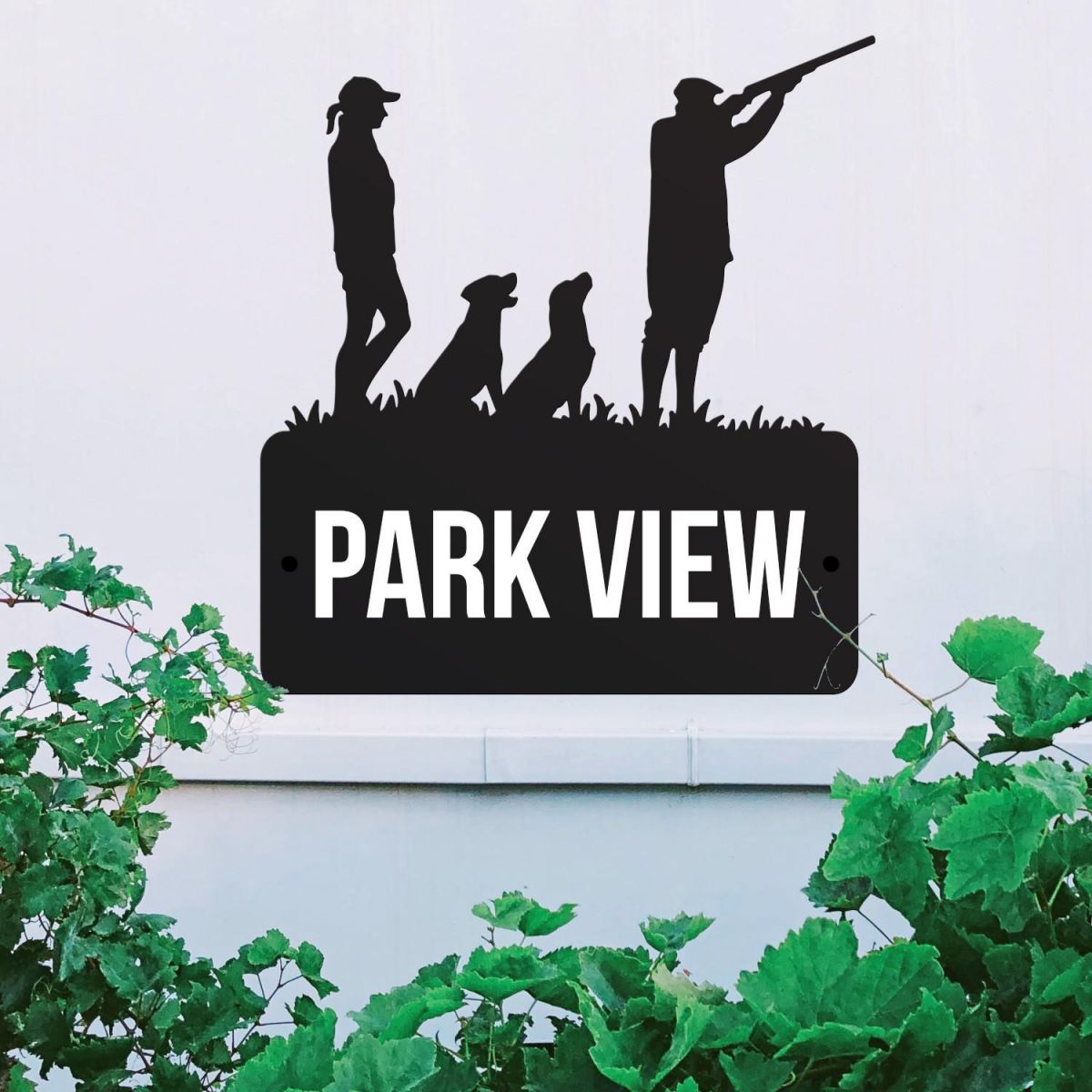 Steel "Game Season" Labradors House Name Sign in Situ