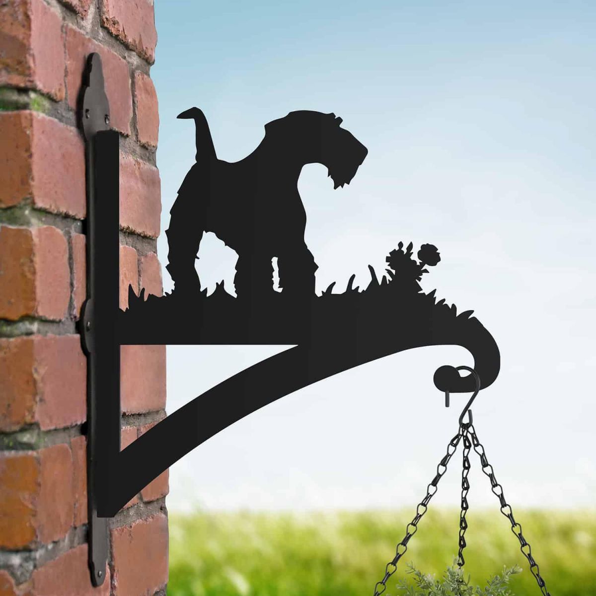Steel Airedale Terrier Dog Hanging Basket Bracket in Situ Steel Airedale Terrier Dog Hanging Basket Bracket in Situ