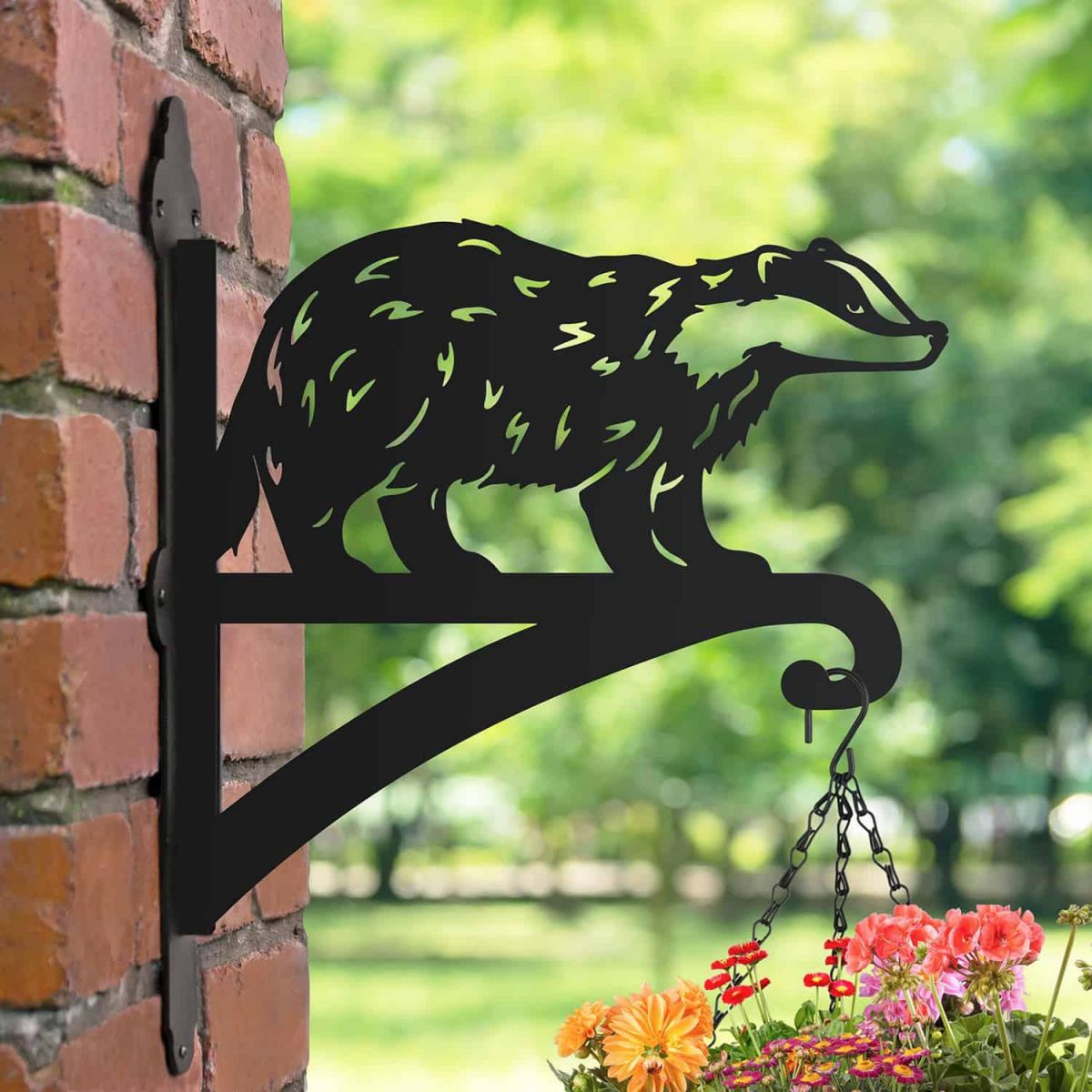 Steel Hanging Basket Bracket with Black Badger Design