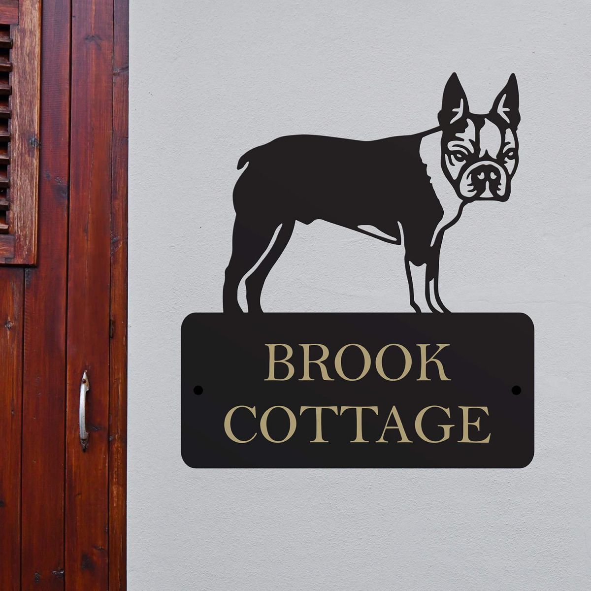 Steel Boston Terrier Dog House Name Sign in Situ