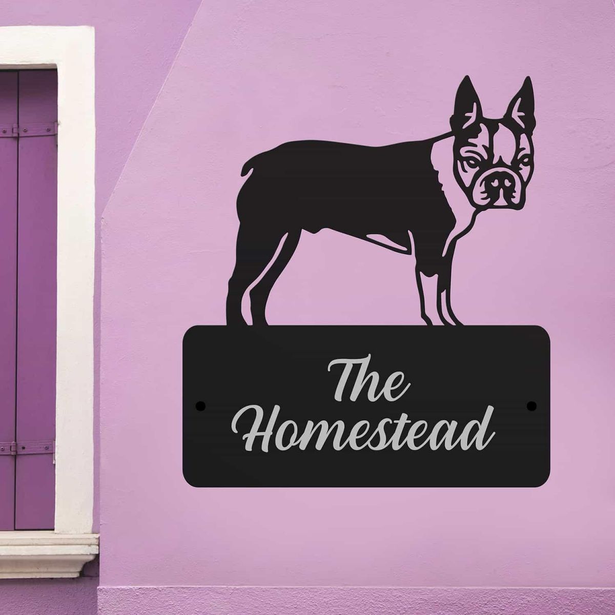 Steel House Name Sign with Boston Terrier Dog Motif