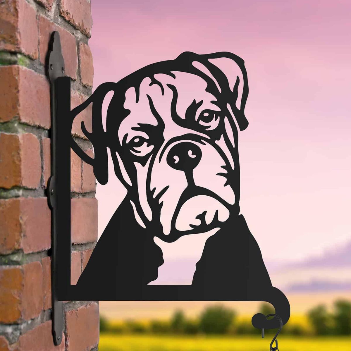 Steel Hanging Basket Bracket with Boxer Dog Head Topper