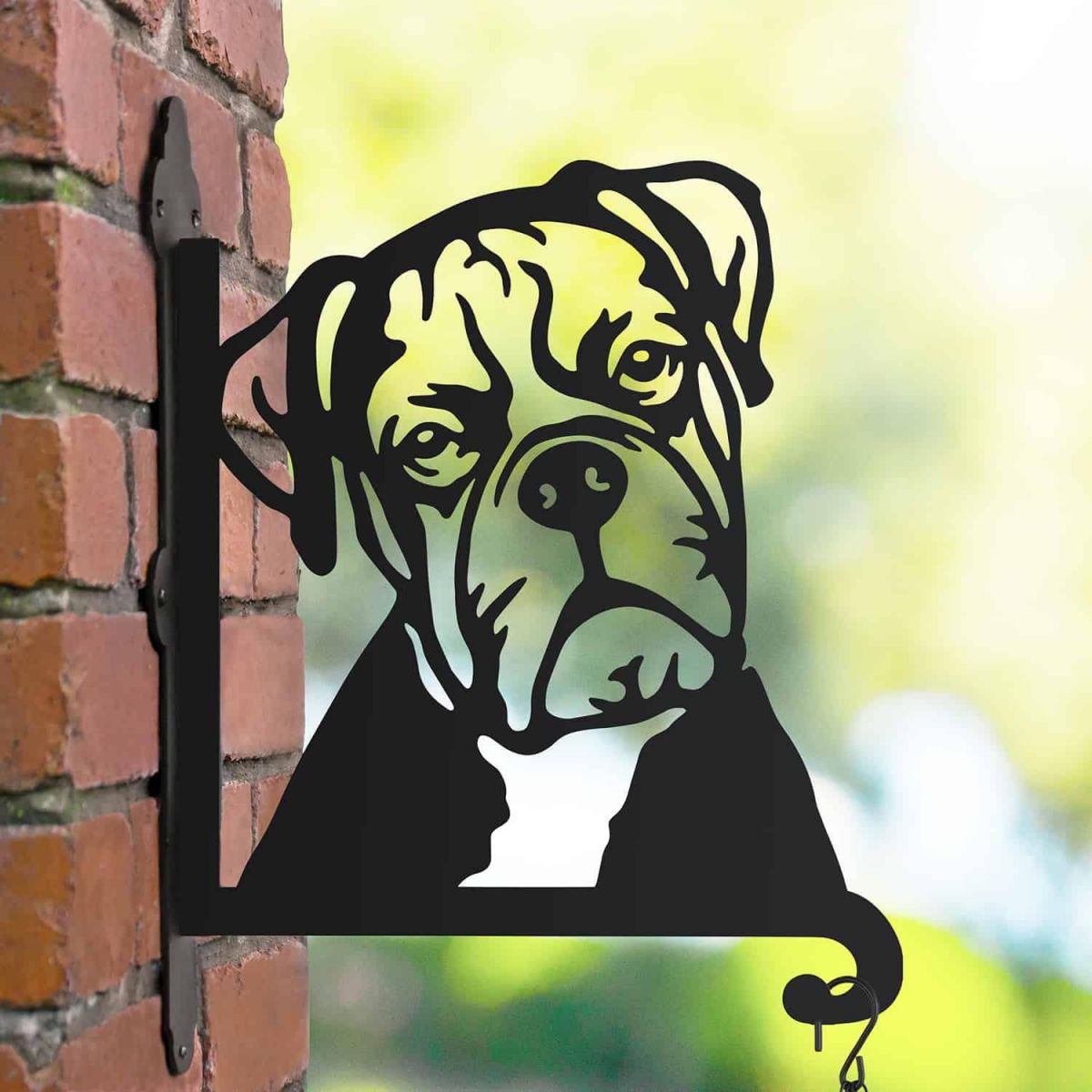 Steel Boxer Dog Head Hanging Basket Bracket in Situ