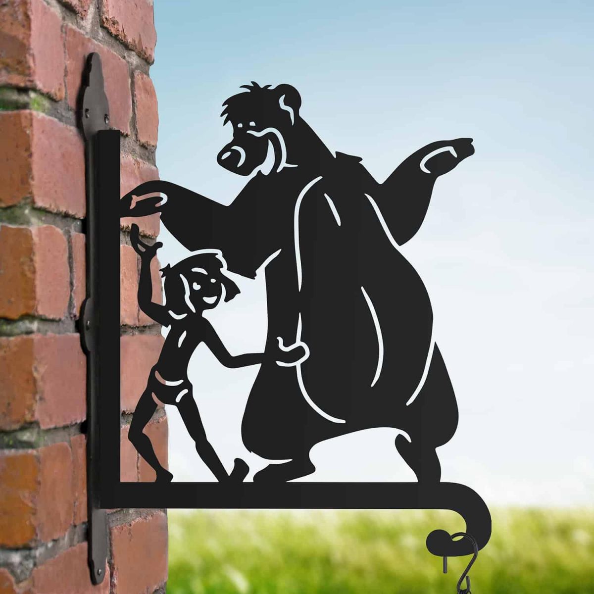 Steel Cartoon "Bear Necessities" Hanging Basket Bracket in Situ