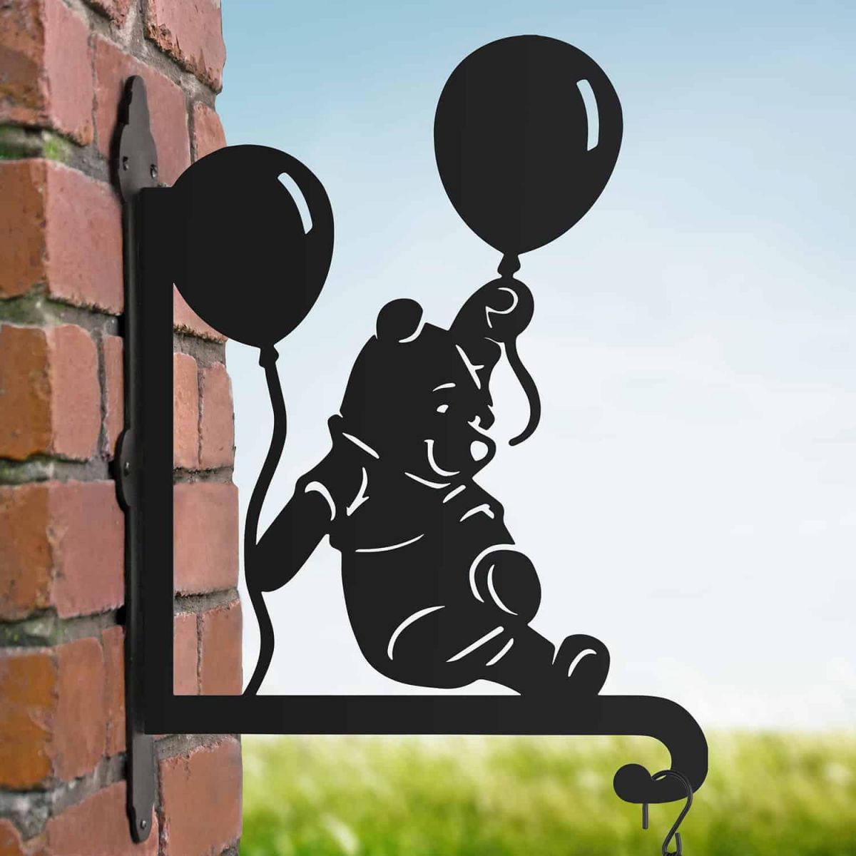 Steel Hanging Basket Bracket with Cartoon Bear with Balloon Topper