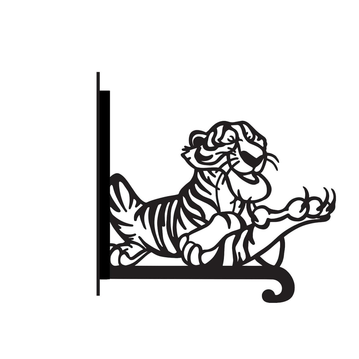 Close-Up of Steel Hanging Basket Bracket with Cartoon Fearsome Tiger Topper Close-Up of Steel Hanging Basket Bracket with Cartoon Fearsome Tiger Topper