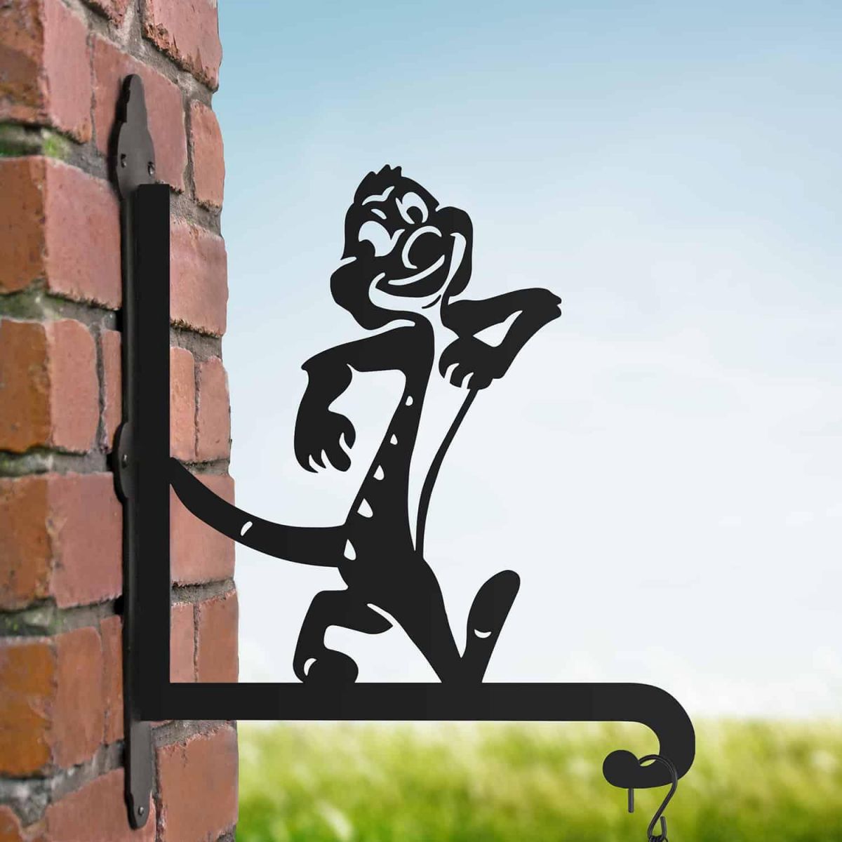 Steel Cartoon Meerkat Hanging Basket Bracket in Situ