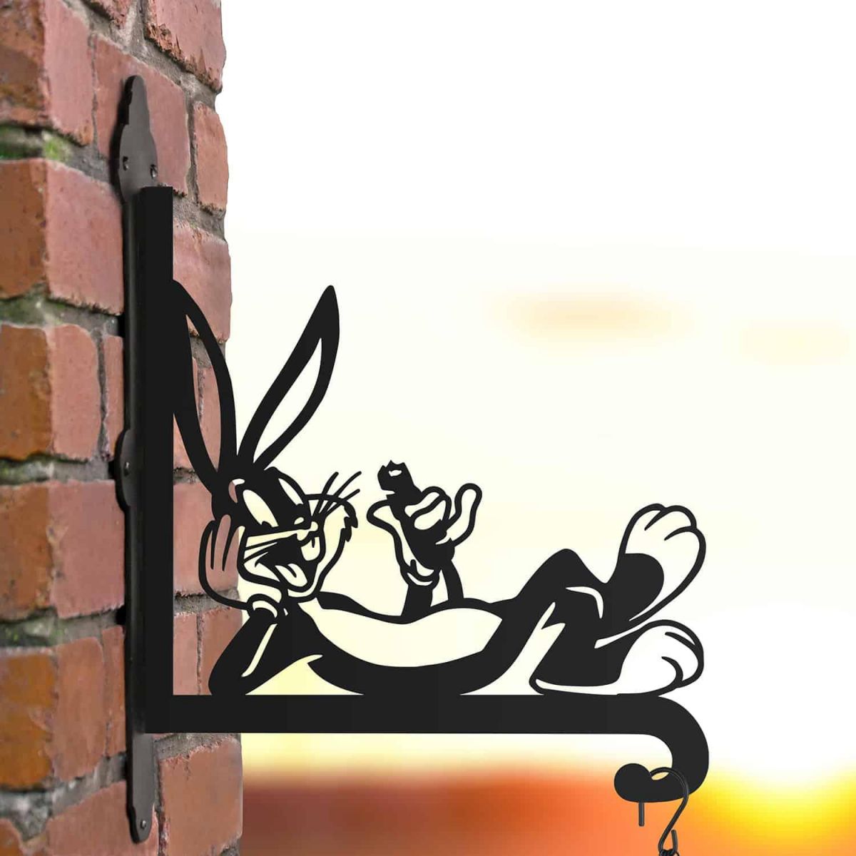 Steel Cartoon Rabbit with Carrot Hanging Basket Bracket in Situ