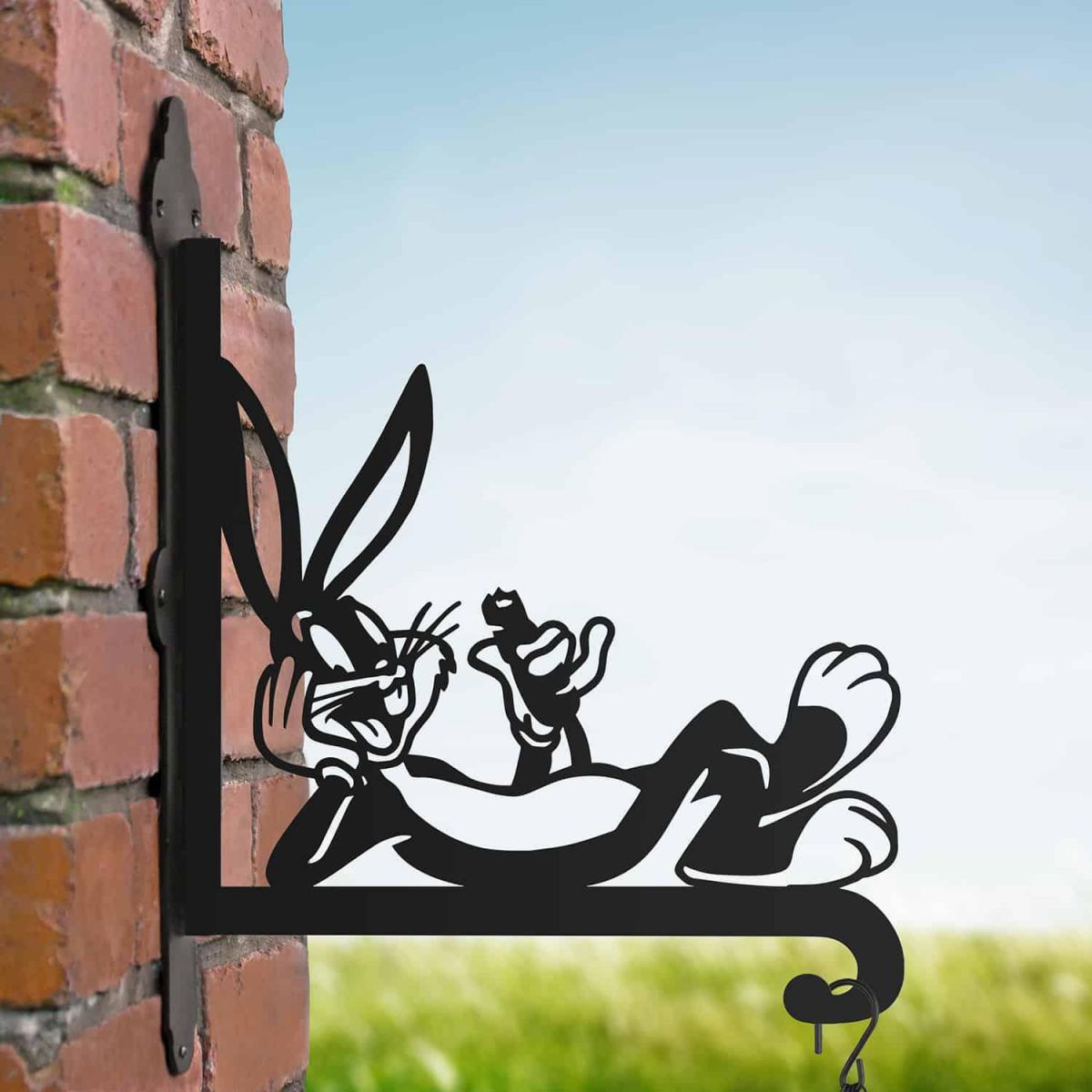 Steel Hanging Basket Bracket with Cartoon Rabbit with Carrot Topper