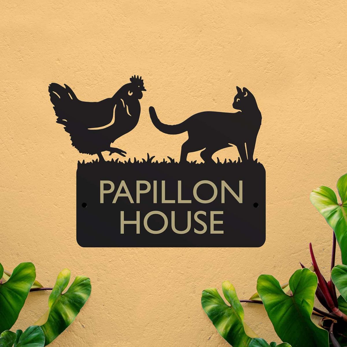 Steel House Name Sign with Cat & Chicken Motif