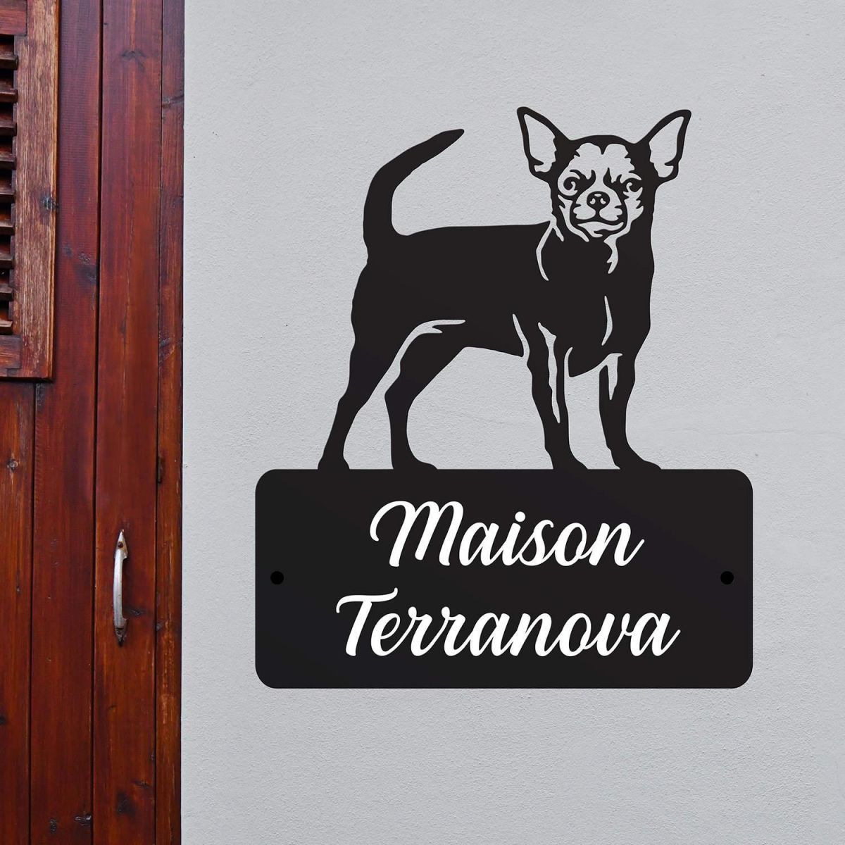 Steel House Name Sign with Chihuahua Dog Motif Steel House Name Sign with Chihuahua Dog Motif