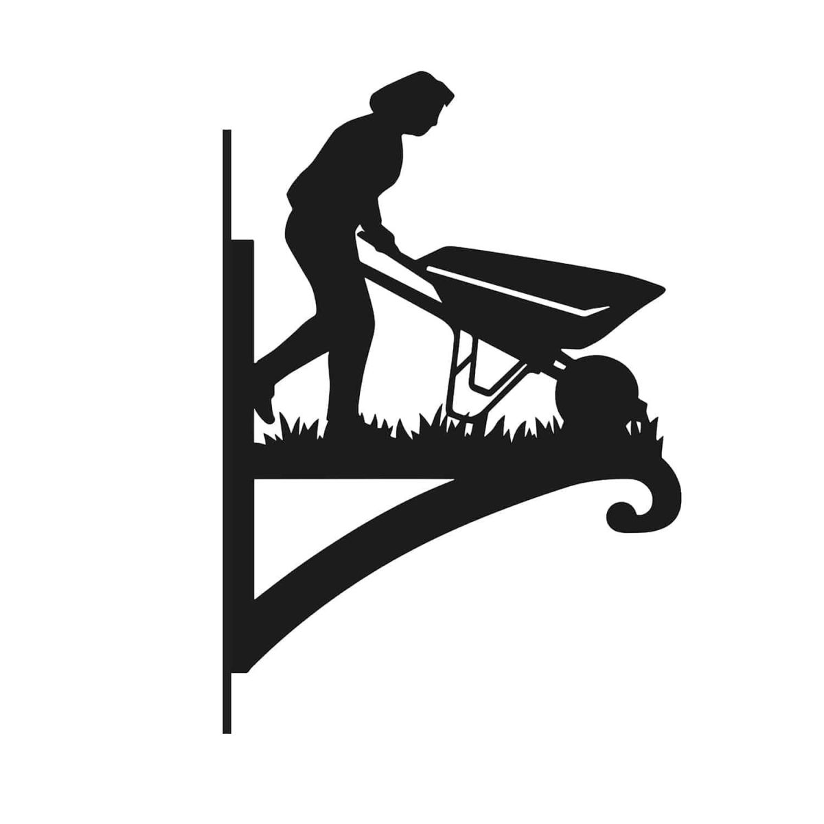 Steel Female Gardener with Wheelbarrow Hanging Basket Bracket on White Background Steel Female Gardener with Wheelbarrow Hanging Basket Bracket on White Background