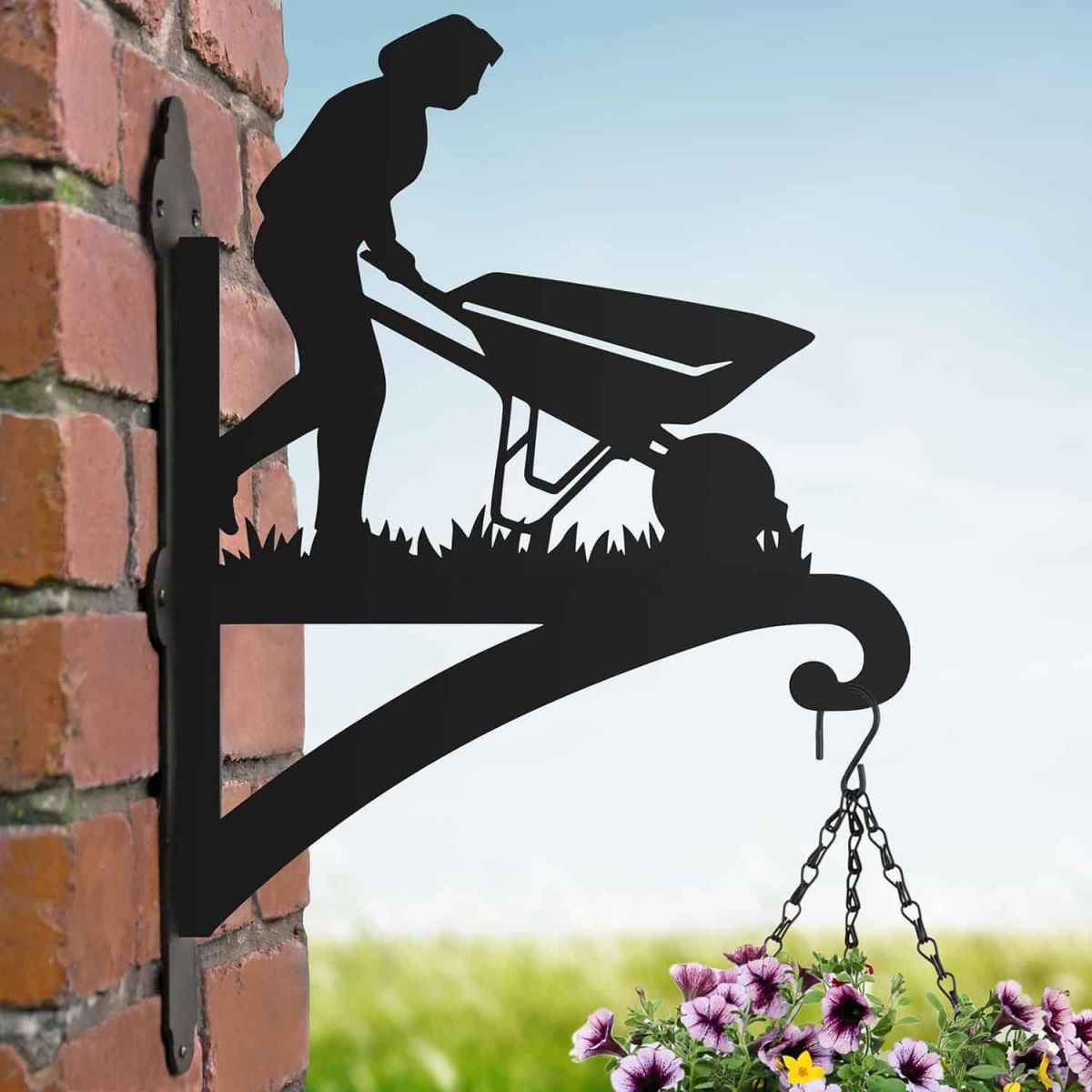 Steel Hanging Basket Bracket with Female Gardener with Wheelbarrow Topper Steel Hanging Basket Bracket with Female Gardener with Wheelbarrow Topper