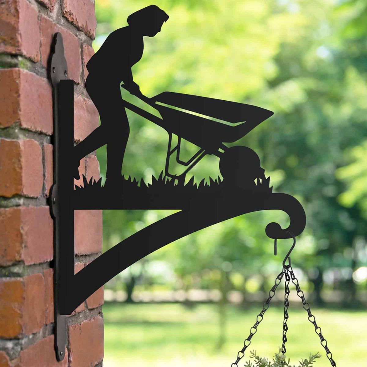 Steel Hanging Basket Bracket with Female Gardener with Wheelbarrow Motif Steel Hanging Basket Bracket with Female Gardener with Wheelbarrow Motif