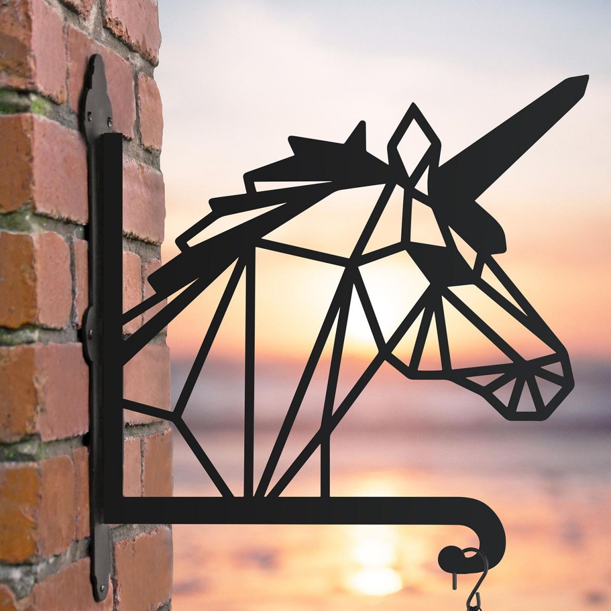 Steel Hanging Basket Bracket with Geometric Unicorn Motif Steel Hanging Basket Bracket with Geometric Unicorn Motif