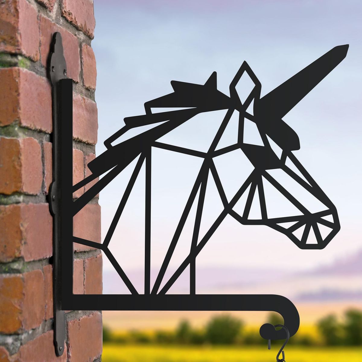 Steel Hanging Basket Bracket with Geometric Unicorn Topper Steel Hanging Basket Bracket with Geometric Unicorn Topper