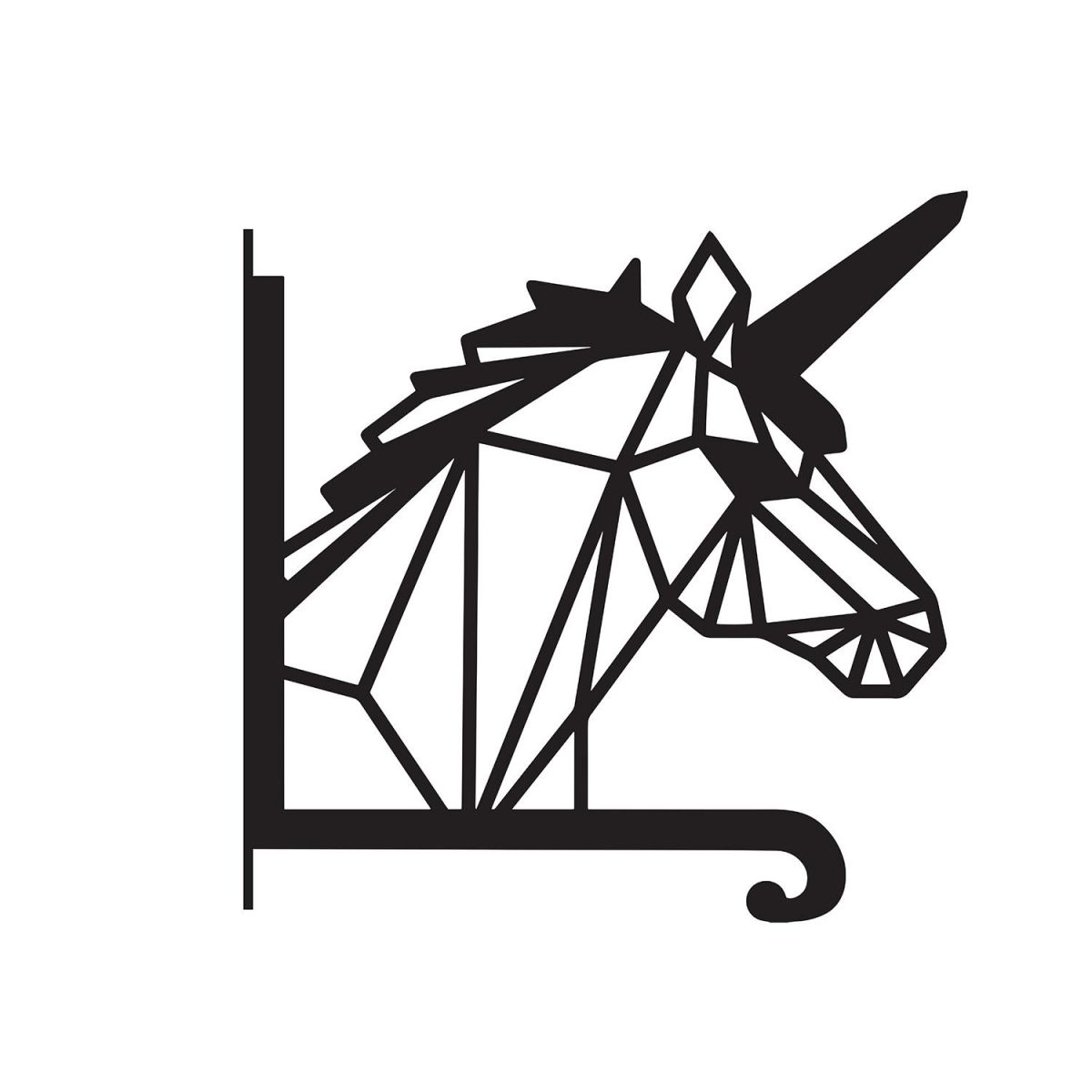 Close-Up of Steel Geometric Unicorn Hanging Basket Bracket Close-Up of Steel Geometric Unicorn Hanging Basket Bracket