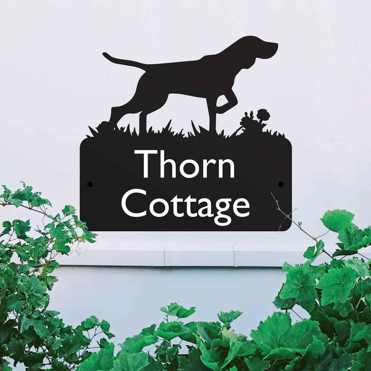 Steel German Shorthaired Pointer Dog House Name Sign in Situ