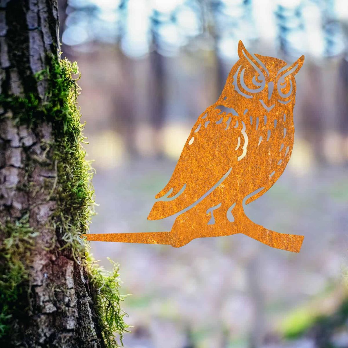 Steel Great Horned Owl Tree Spike - Rustic in Situ