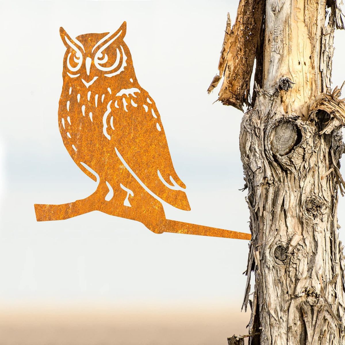 Rustic Steel Great Horned Owl Tree Spike in Situ