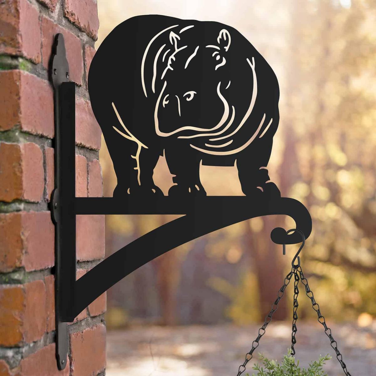 Steel Hanging Basket Bracket with Hippo Looking Right Motif Steel Hanging Basket Bracket with Hippo Looking Right Motif