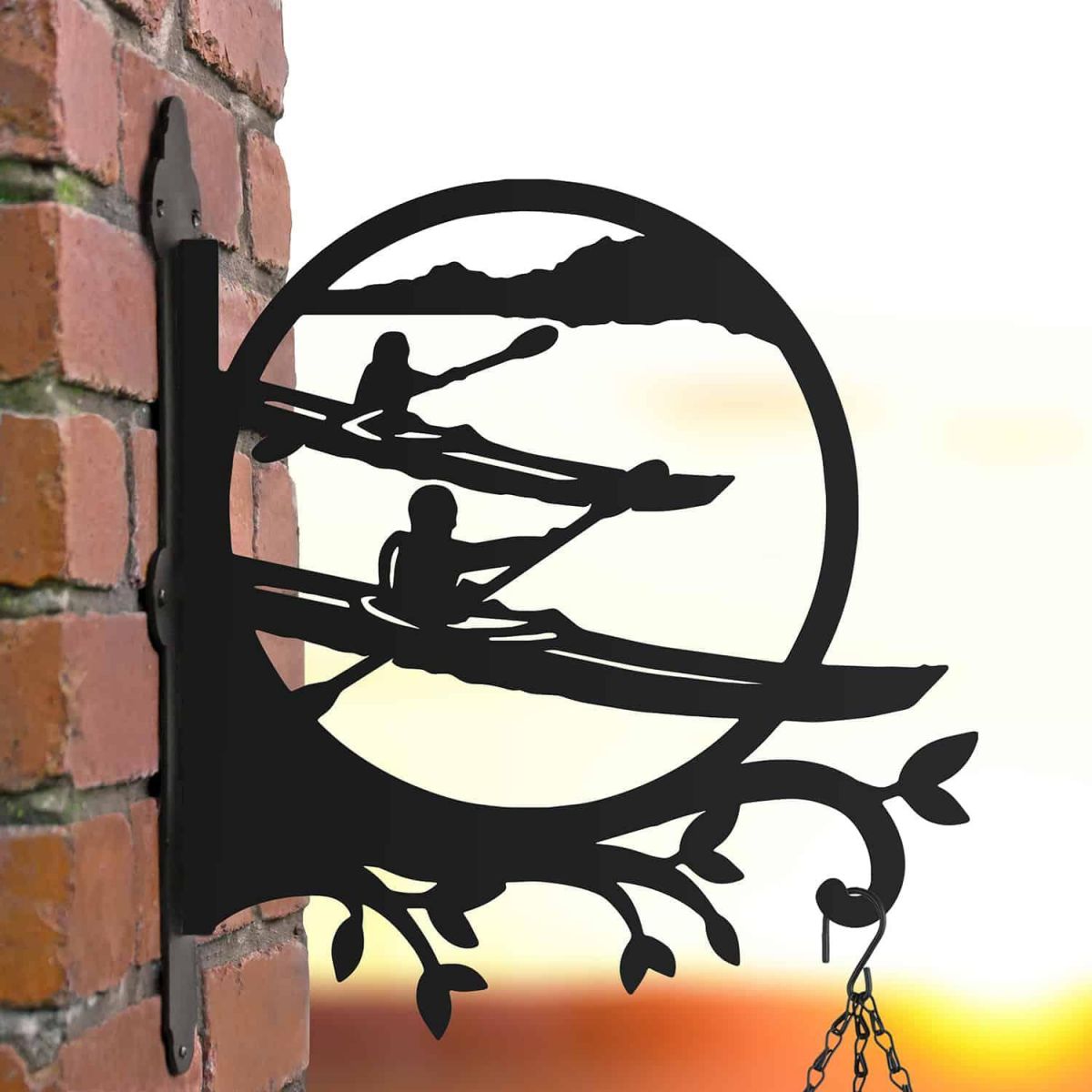 Steel Hanging Basket Bracket with Kayaking Couple Topper Steel Hanging Basket Bracket with Kayaking Couple Topper