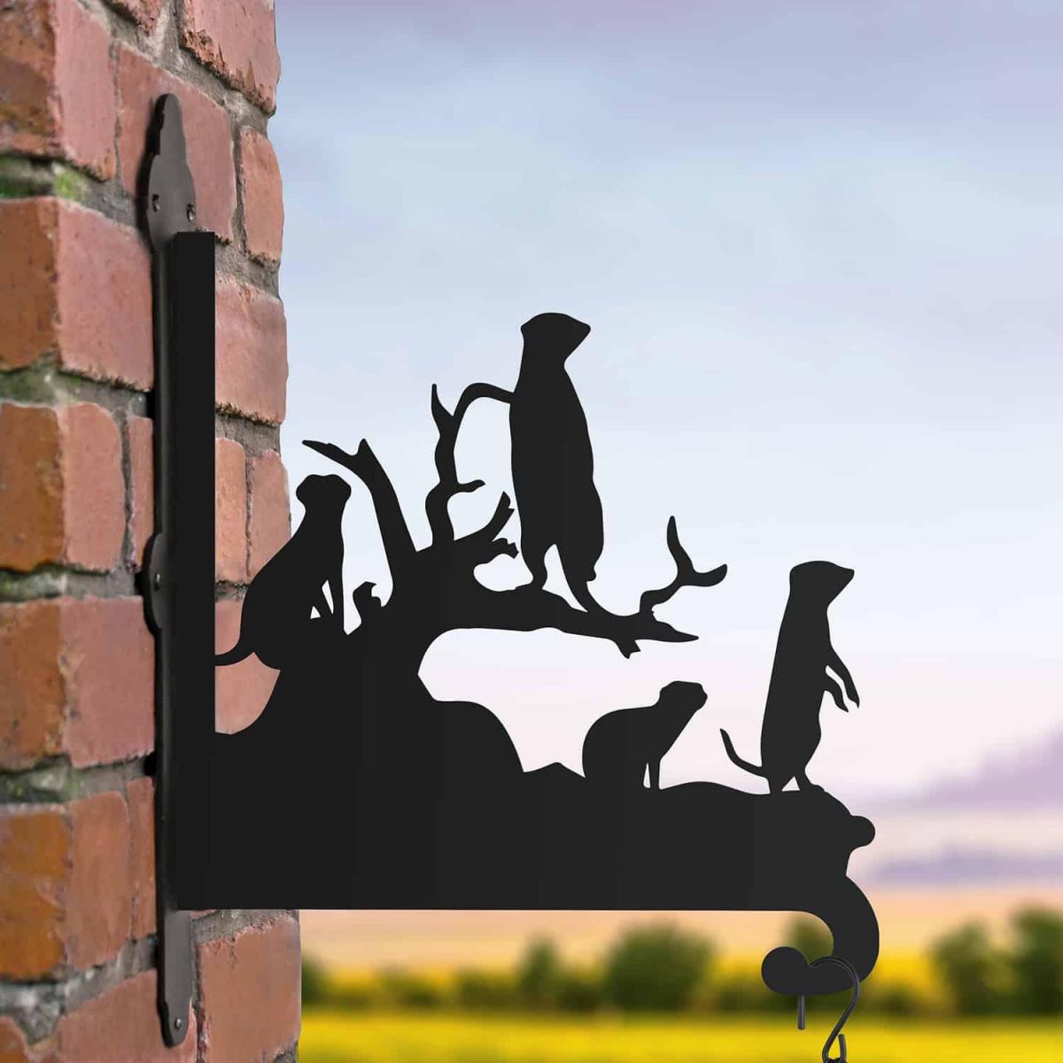 Steel Hanging Basket Bracket with Meerkat Family Topper