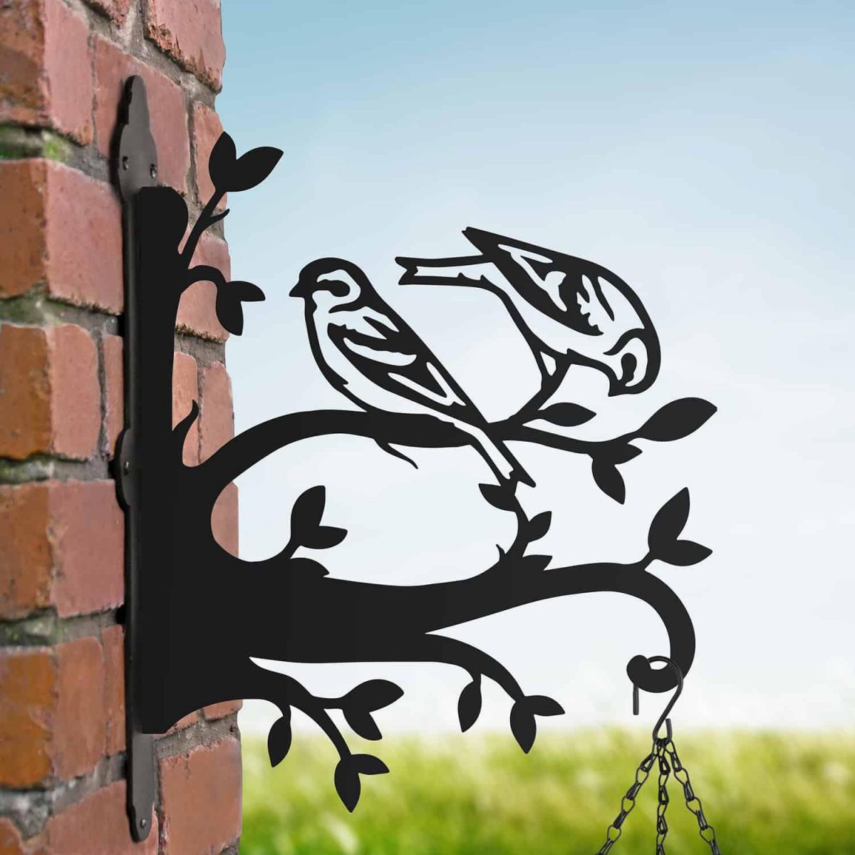 Steel Hanging Basket Bracket with Pair of Siskins on Branches Motif