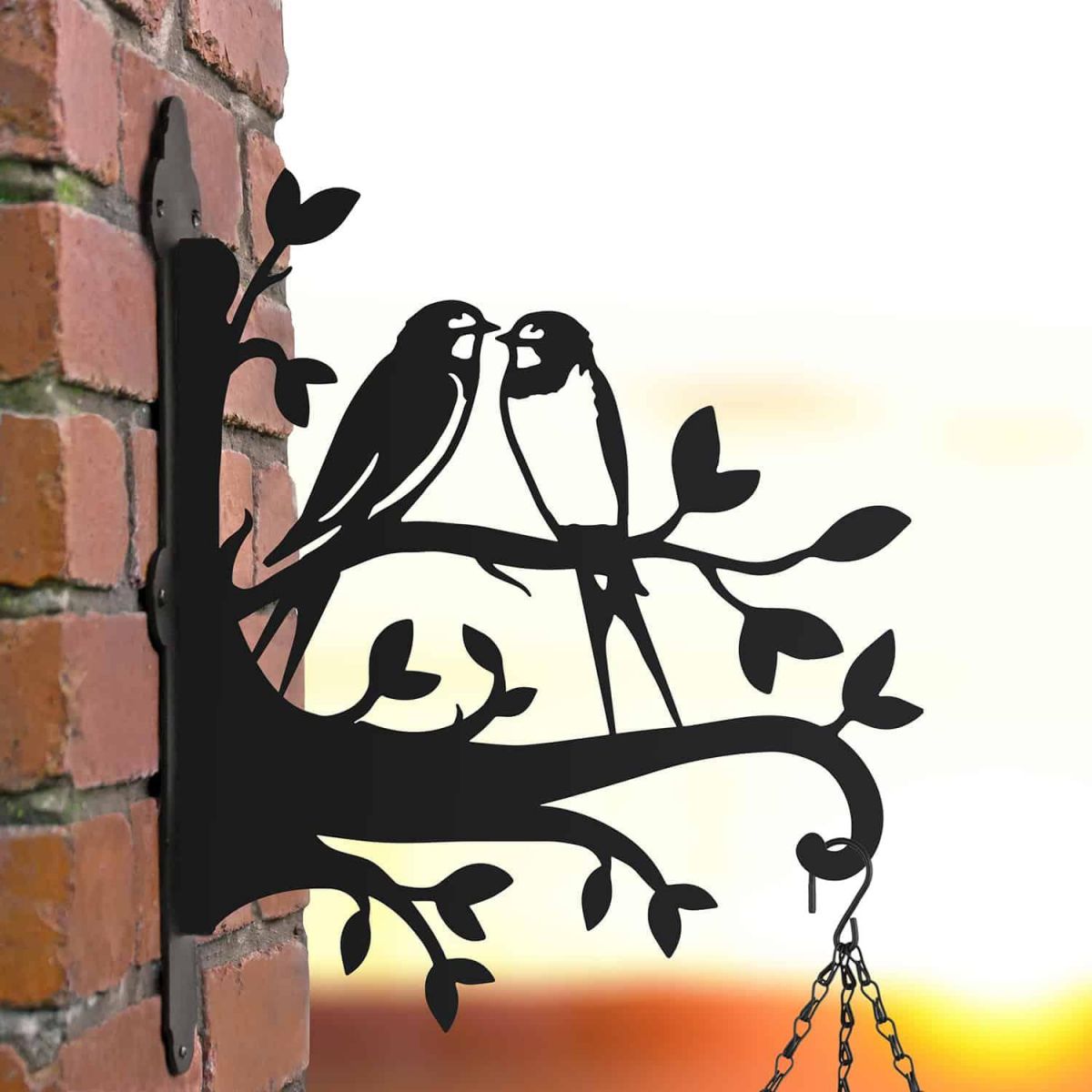 Steel Hanging Basket Bracket with Pair of Swallows on Branches Topper
